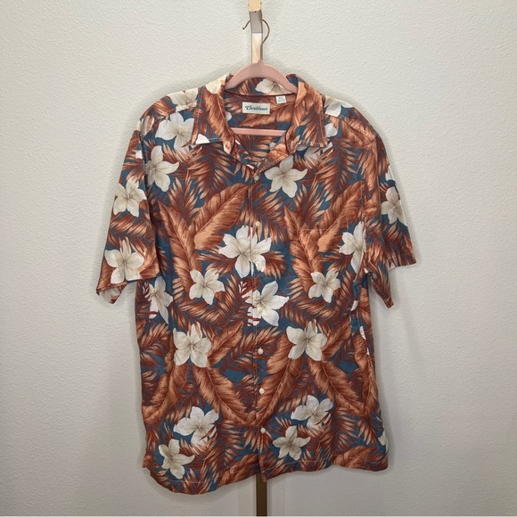 Caribbean Other - Caribbean Men's Button Down Linen Blend  Short Sleeve Terra Cotta & Blue XLT